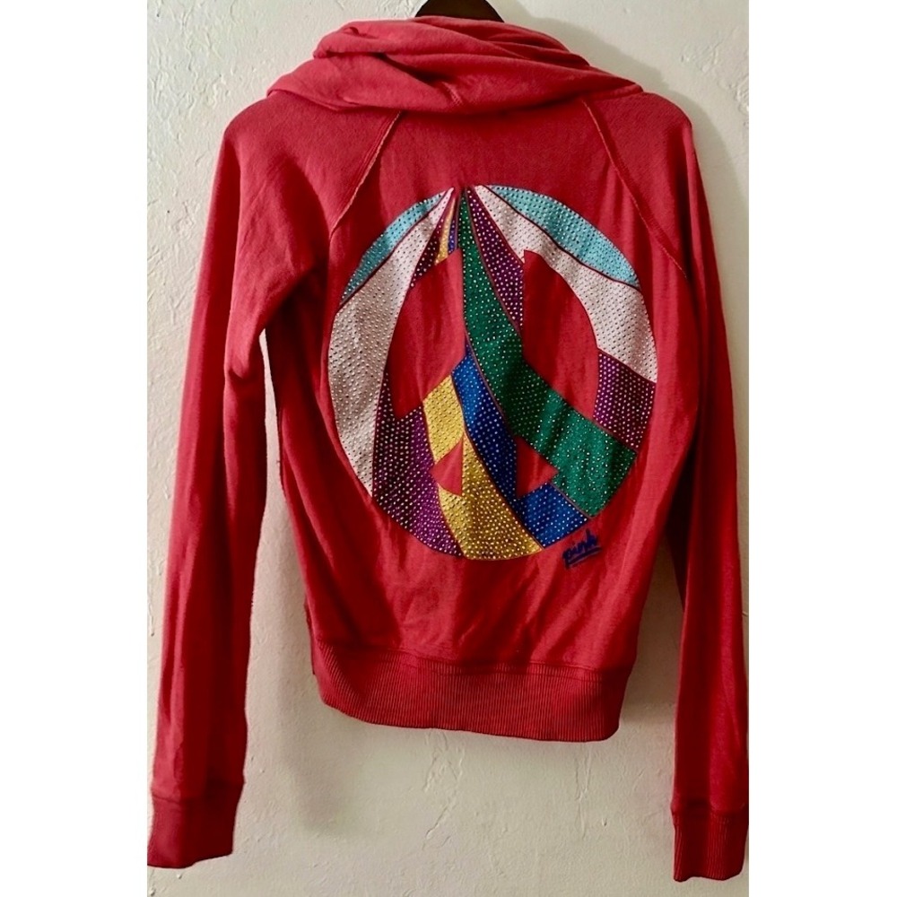 Vintage Y2K Victoria's Secret PINK Rhinestone Peace Sign Zip Hoodie Medium Coral